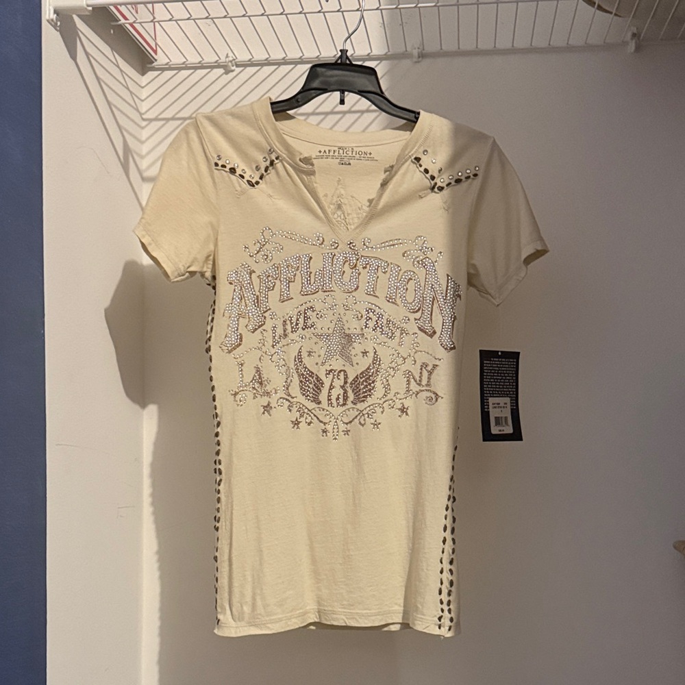 Affliction Women's Beige Studded Tee